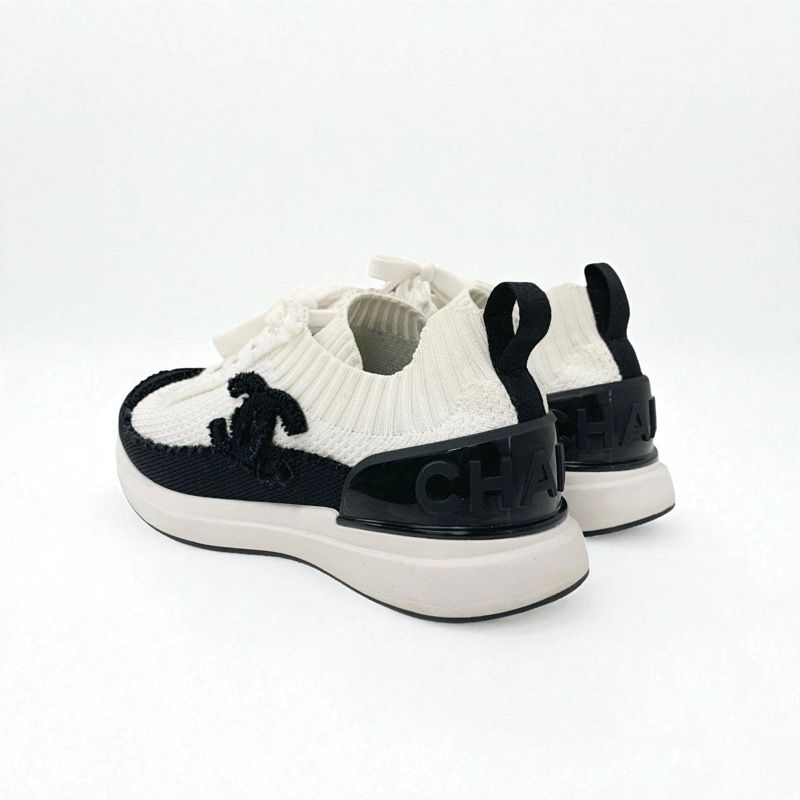 Chanel Sneakers Shoes Knit White Black White Logo Here Mark