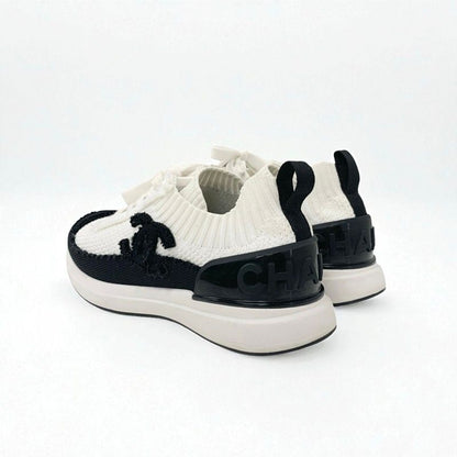 Chanel Sneakers Shoes Knit White Black White Logo Here Mark