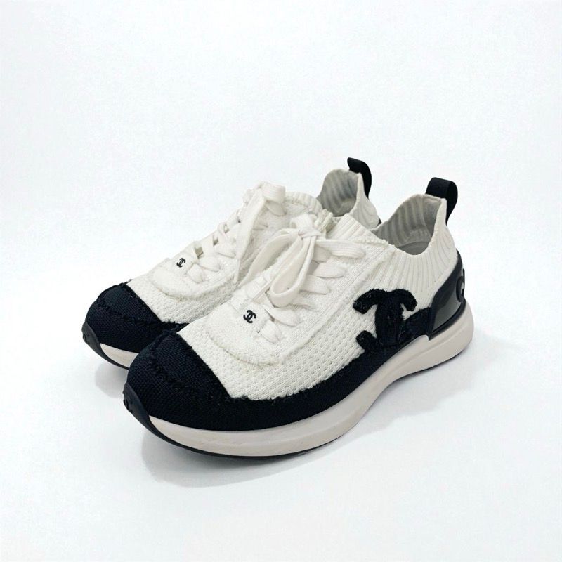 Chanel Sneakers Shoes Knit White Black White Logo Here Mark