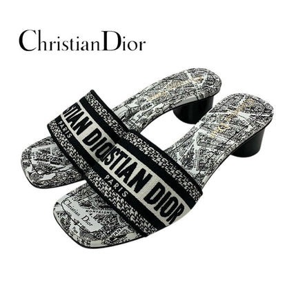 Christian DIOR DWAY Sandals Shoes Fabric White Black Mules Embroidery Logo