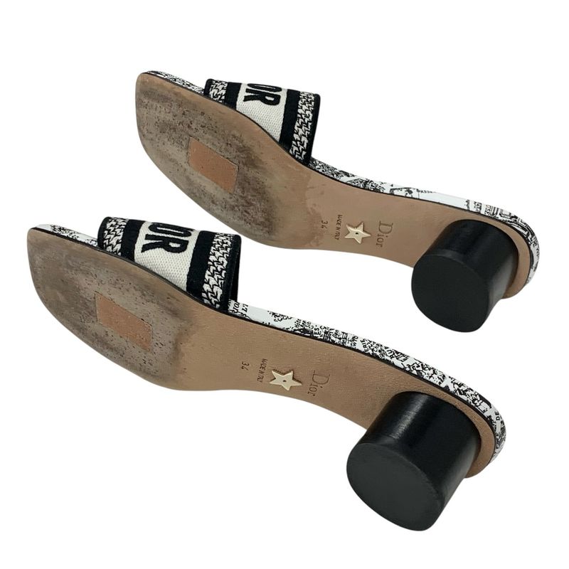 Christian DIOR DWAY Sandals Shoes Fabric White Black Mules Embroidery Logo