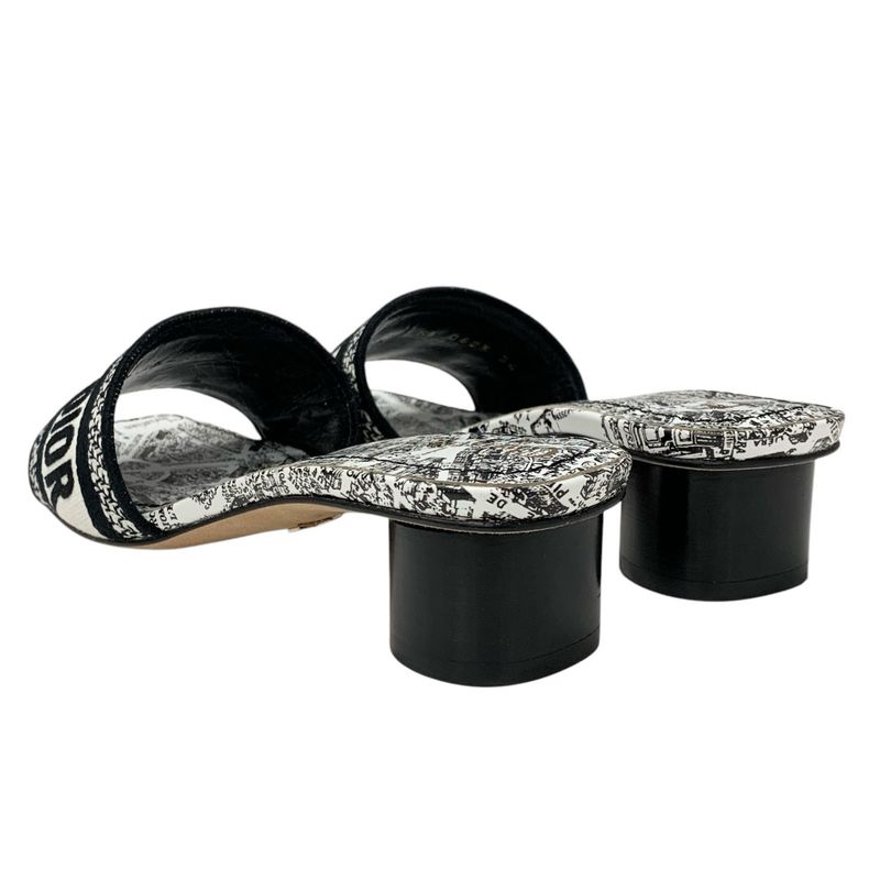 Christian DIOR DWAY Sandals Shoes Fabric White Black Mules Embroidery Logo