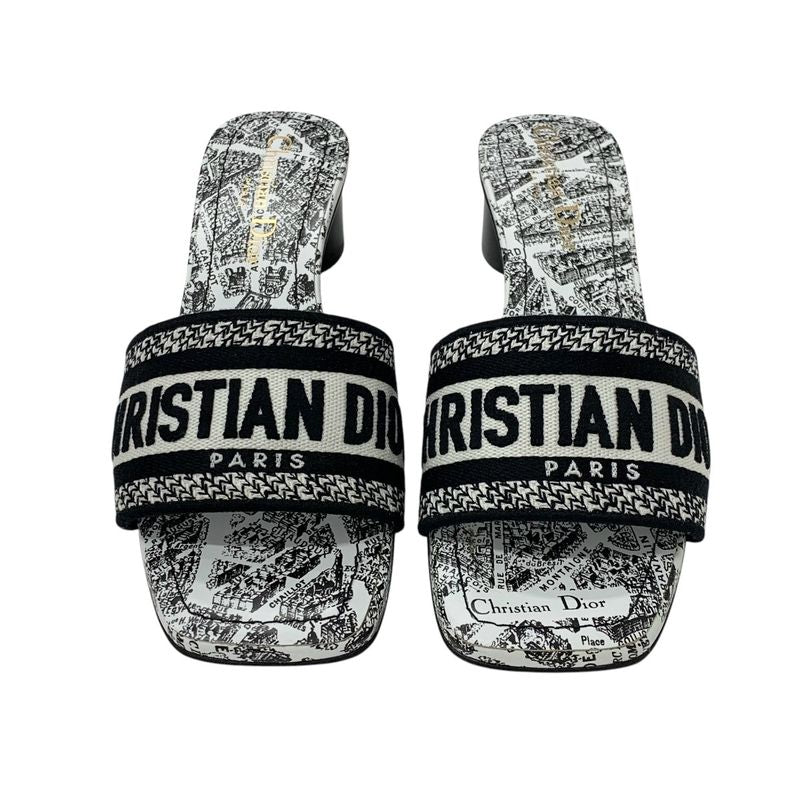 Christian DIOR DWAY Sandals Shoes Fabric White Black Mules Embroidery Logo