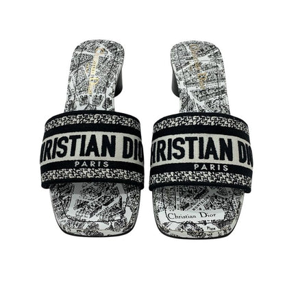 Christian DIOR DWAY Sandals Shoes Fabric White Black Mules Embroidery Logo