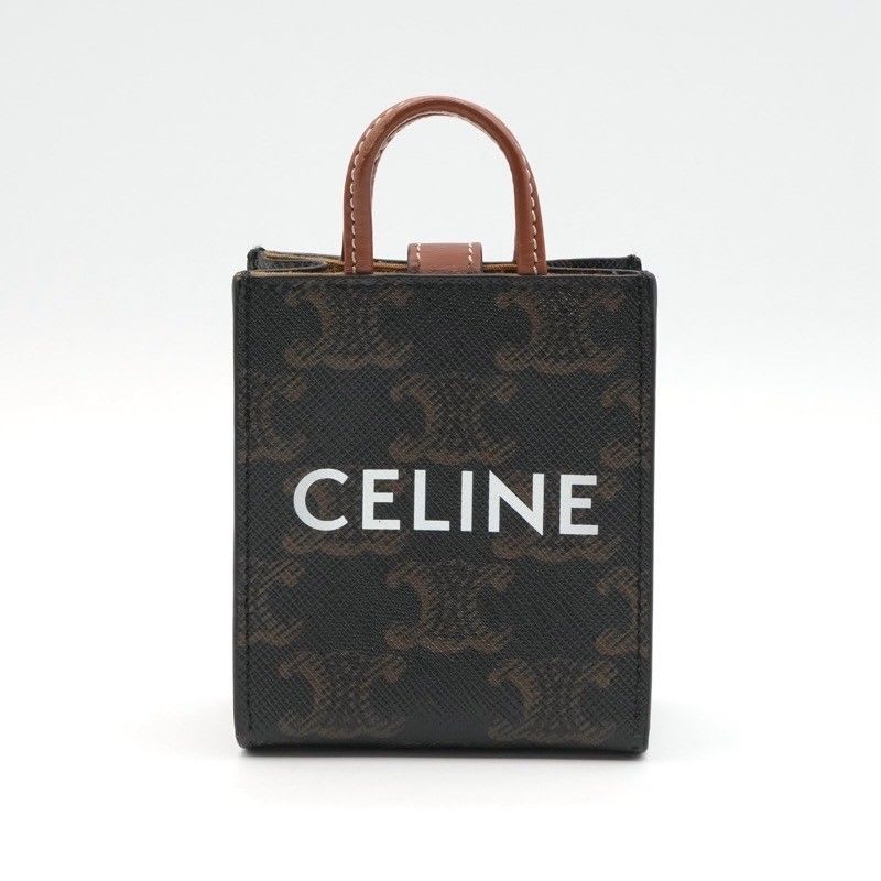 Celine Charm Brown White Gold Triomphe Canvas Logo Micro Vertical Cabas