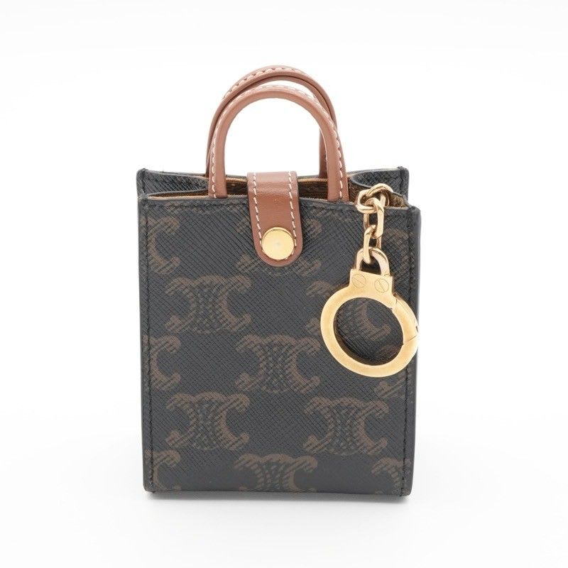 Celine Charm Brown White Gold Triomphe Canvas Logo Micro Vertical Cabas