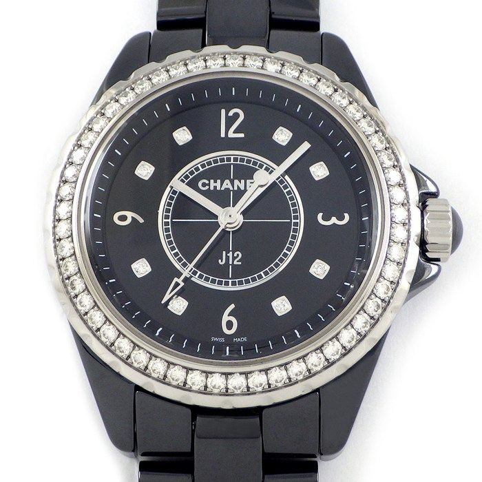 Chanel Watch J12 H3108 Diamond Bezel 8 Points Diamond Index Black Dial Date