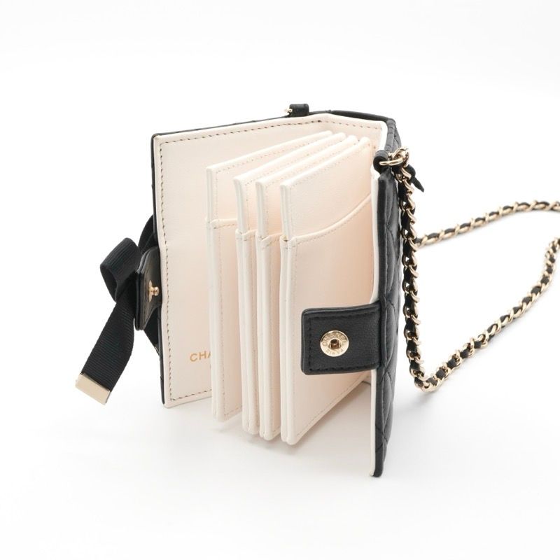 Chanel Card Case Card Holder Pass Case Black White Gold Coco Mark Logo Matelasse