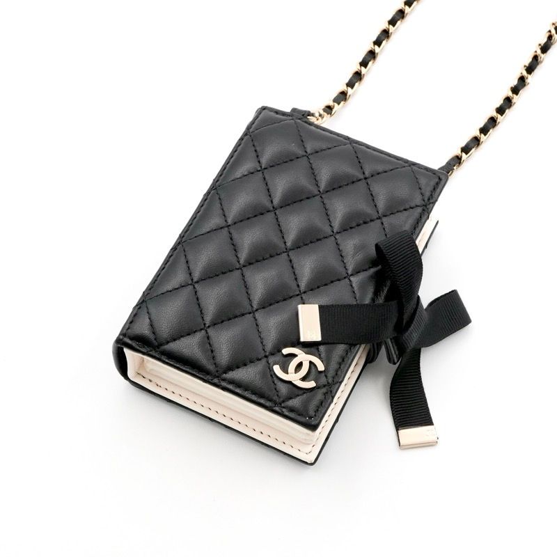 Chanel Card Case Card Holder Pass Case Black White Gold Coco Mark Logo Matelasse