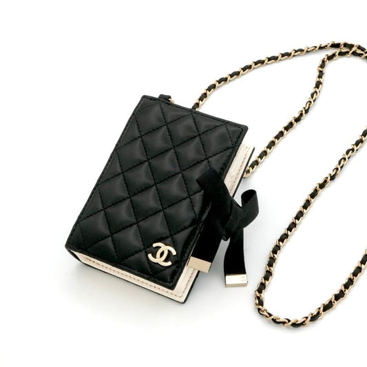 Chanel Card Case Card Holder Pass Case Black White Gold Coco Mark Logo Matelasse