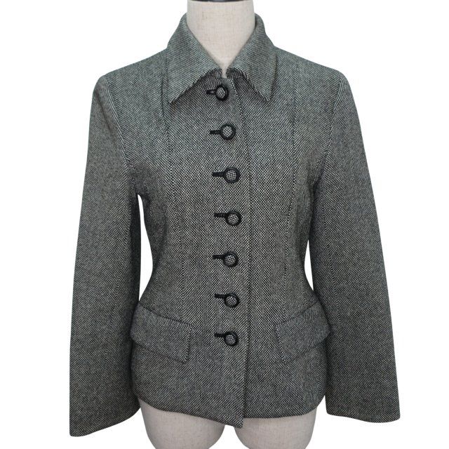 Christian DIOR Long Sleeve Tweed Jacket Stainless Steel Collar Plaid Pattern