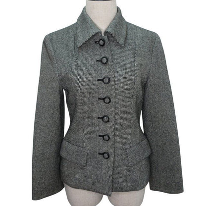 Christian DIOR Long Sleeve Tweed Jacket Stainless Steel Collar Plaid Pattern