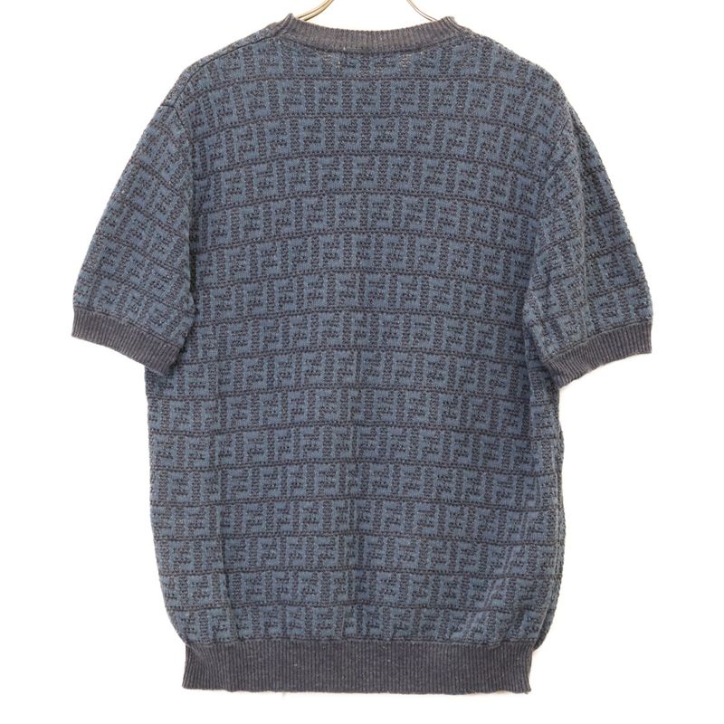 Fendi 24 Fzy443 Ao5j Blue Linen Cotton and Silk Ff Allover Short Sleeve Knit
