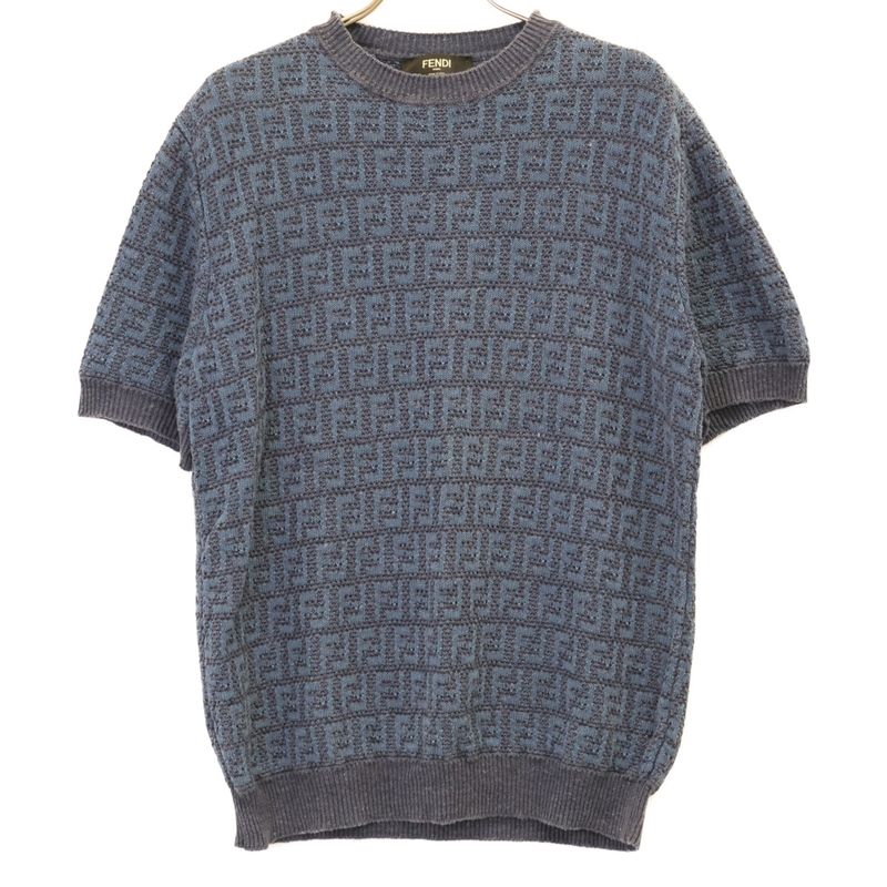 Fendi 24 Fzy443 Ao5j Blue Linen Cotton and Silk Ff Allover Short Sleeve Knit