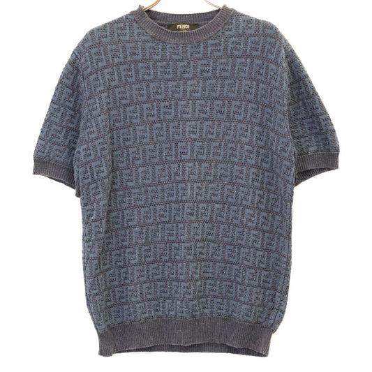 Fendi 24 Fzy443 Ao5j Blue Linen Cotton and Silk Ff Allover Short Sleeve Knit