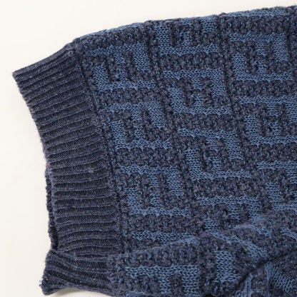 Fendi 24 Fzy443 Ao5j Blue Linen Cotton and Silk Ff Allover Short Sleeve Knit