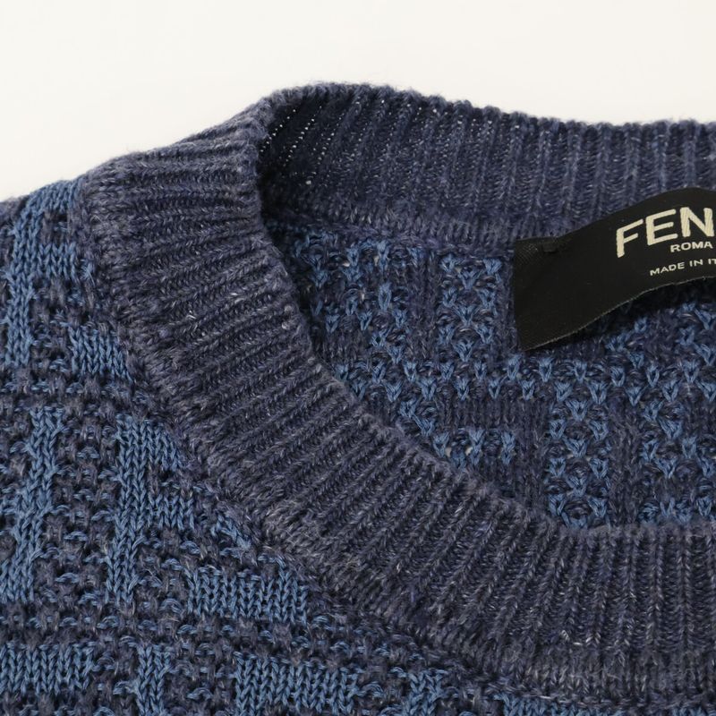 Fendi 24 Fzy443 Ao5j Blue Linen Cotton and Silk Ff Allover Short Sleeve Knit