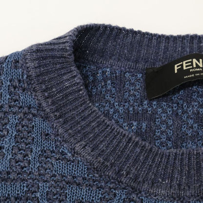 Fendi 24 Fzy443 Ao5j Blue Linen Cotton and Silk Ff Allover Short Sleeve Knit