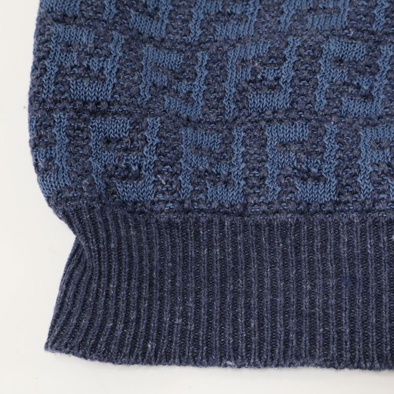 Fendi 24 Fzy443 Ao5j Blue Linen Cotton and Silk Ff Allover Short Sleeve Knit