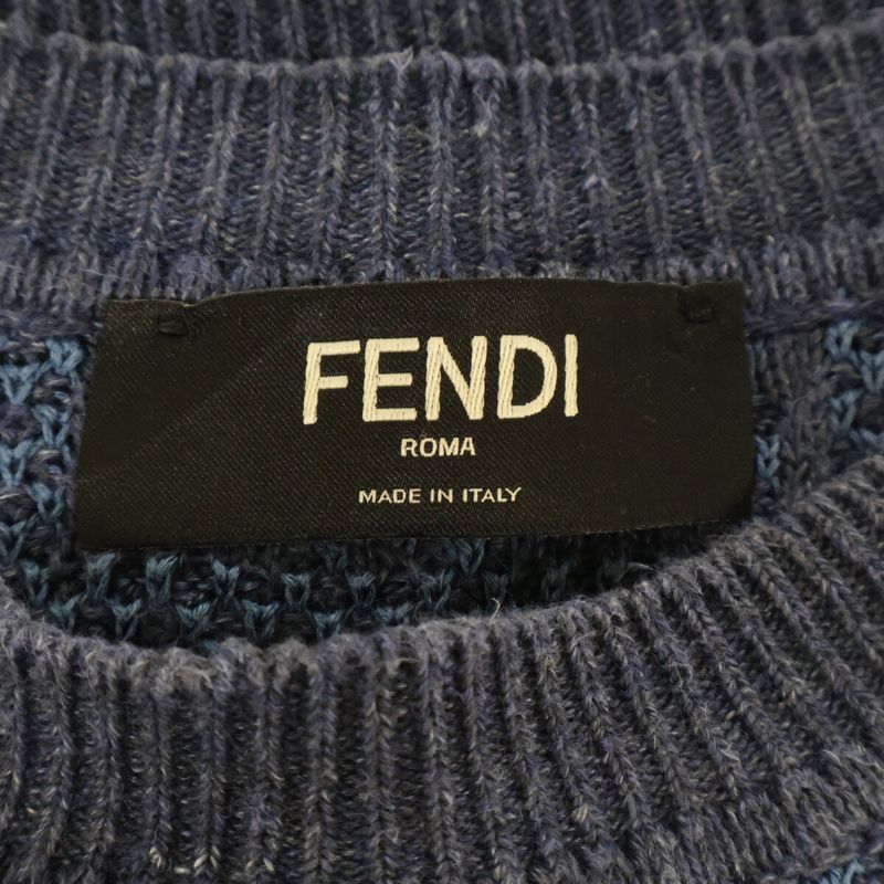 Fendi 24 Fzy443 Ao5j Blue Linen Cotton and Silk Ff Allover Short Sleeve Knit