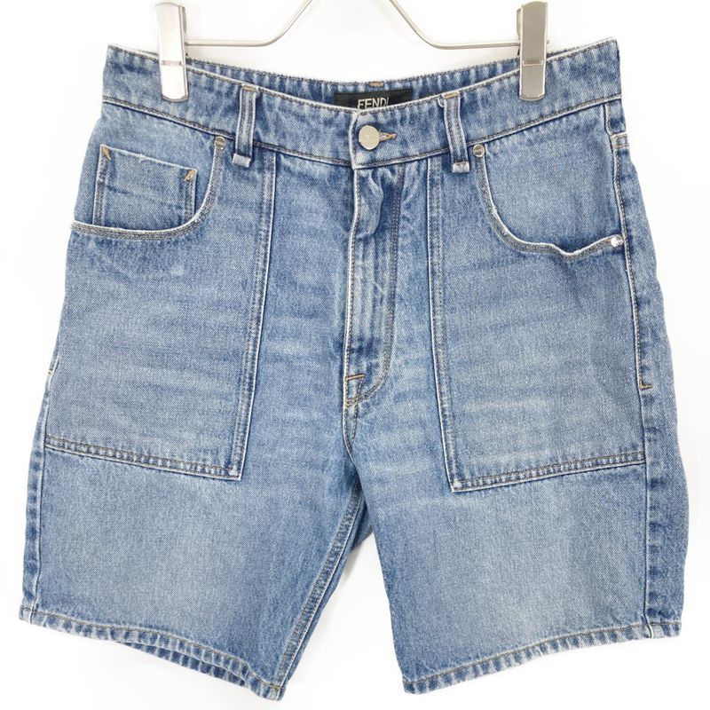 Fendi 24 Flp358 As02 Blue Cotton Ff Metal Plate Zip Fly Denim Half Pants 32 X 34