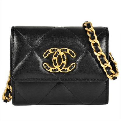Chanel Mini Chain Wallet Shoulder Bag Leather Black Gold Hardware Coco Mark