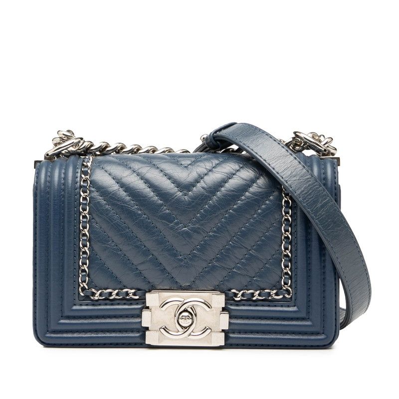 Chanel Chevron Coco Mark Boy Chanel Chain Shoulder Bag Blue Lambskin Women