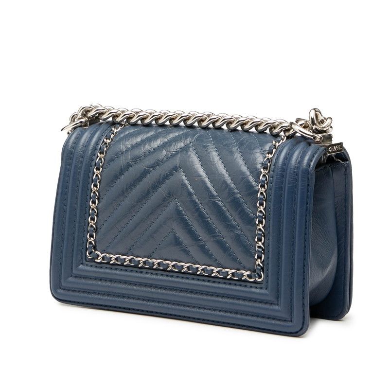 Chanel Chevron Coco Mark Boy Chanel Chain Shoulder Bag Blue Lambskin Women