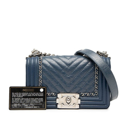 Chanel Chevron Coco Mark Boy Chanel Chain Shoulder Bag Blue Lambskin Women