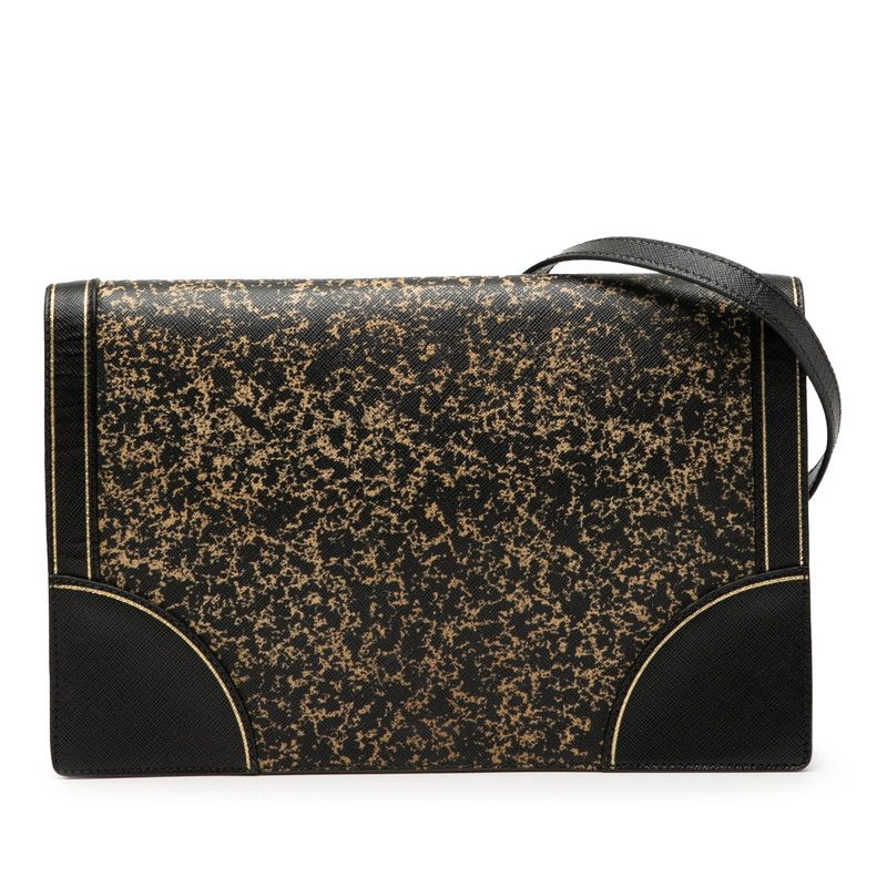 Prada Triangle Logo Plate Crossbody Shoulder Bag Black Gold Saffiano Leather
