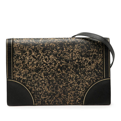 Prada Triangle Logo Plate Crossbody Shoulder Bag Black Gold Saffiano Leather