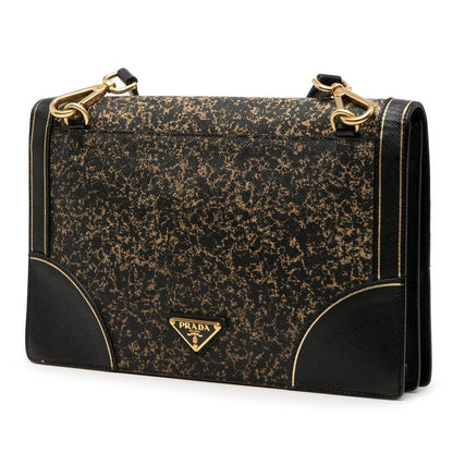 Prada Triangle Logo Plate Crossbody Shoulder Bag Black Gold Saffiano Leather
