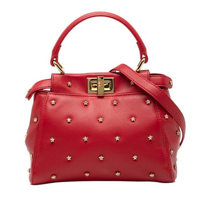 Fendi Peekaboo XS Handbag Shoulder Bag 2WAY 8bn309 Red Leather Rhinestone Women