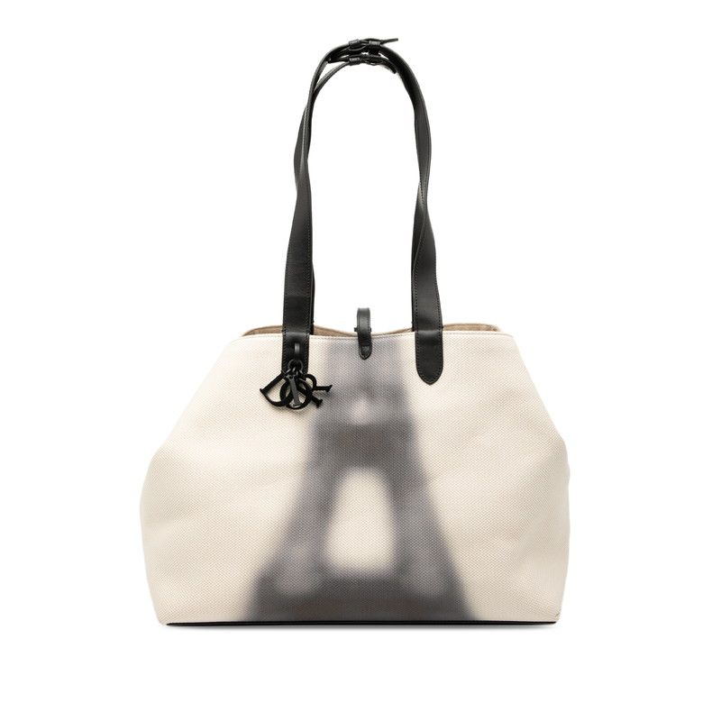 Dior Toujours Large Tote Shoulder Bag Ivory Black Canvas Leather Women's Dior