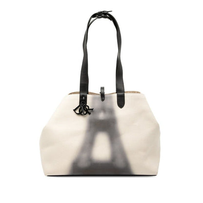 Dior Toujours Large Tote Shoulder Bag Ivory Black Canvas Leather Women's Dior