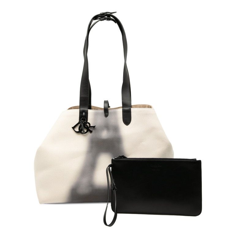 Dior Toujours Large Tote Shoulder Bag Ivory Black Canvas Leather Women's Dior