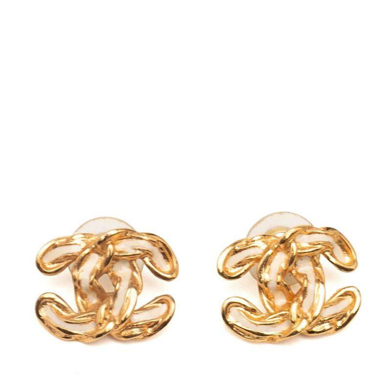 Chanel Coco Mark Stud Earrings Gold White Plated Ladies Chanel