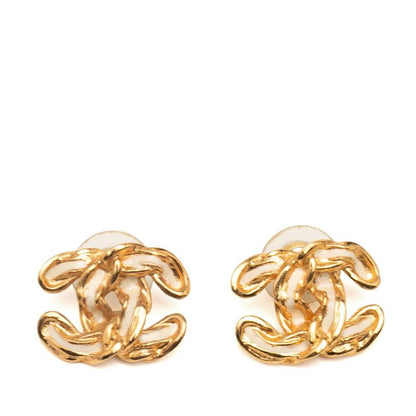 Chanel Coco Mark Stud Earrings Gold White Plated Ladies Chanel