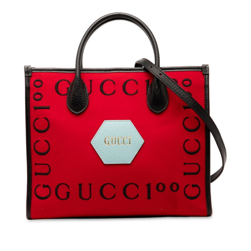 Gucci 100th Anniversary Logo Tote Shoulder Bag 2WAY 659988 Red Black Canvas