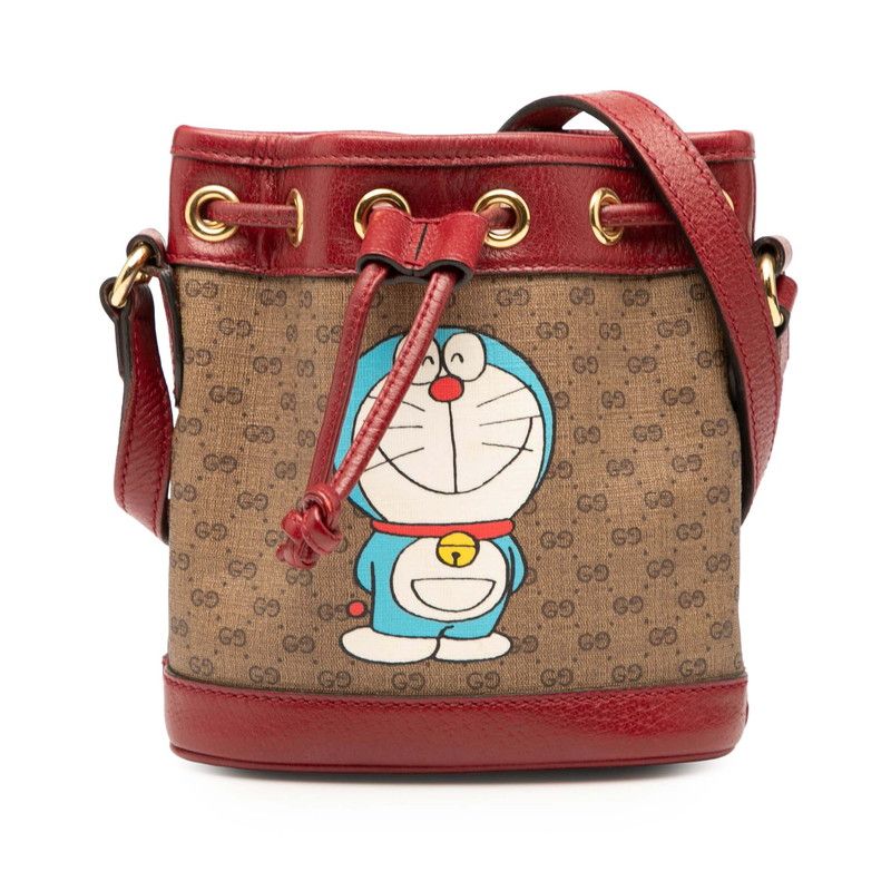 Gucci X Doraemon Mini GG Supreme Mini Bucket Bag Shoulder Bag 647801 Brown Red