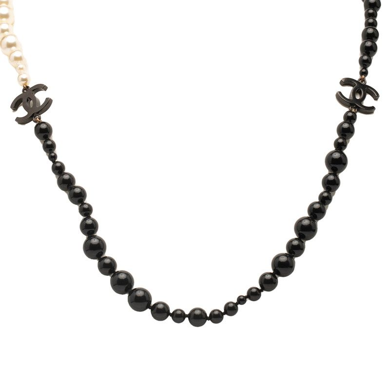Chanel Coco Mark Long Necklace Black White Plated Faux Pearl Ladies Chanel
