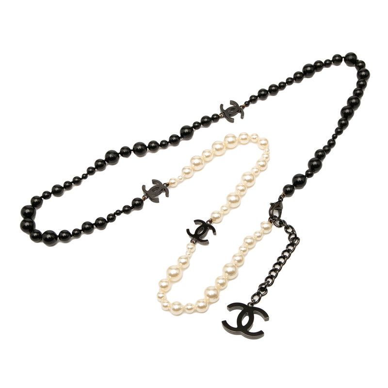 Chanel Coco Mark Long Necklace Black White Plated Faux Pearl Ladies Chanel
