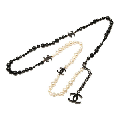 Chanel Coco Mark Long Necklace Black White Plated Faux Pearl Ladies Chanel