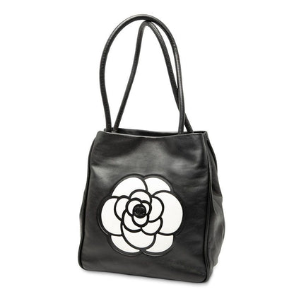 Chanel Camellia Handbag Shoulder Bag Black White Leather Women Chanel