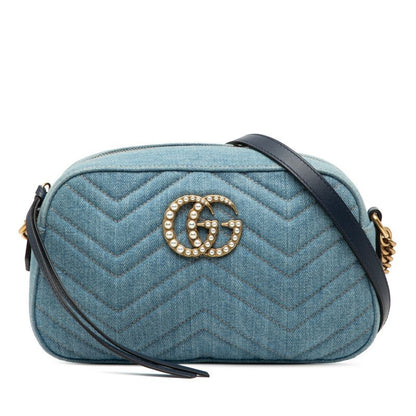 Gucci GG Marmont Crossbody Chain Shoulder Bag 447632 Blue Denim Leather Women's