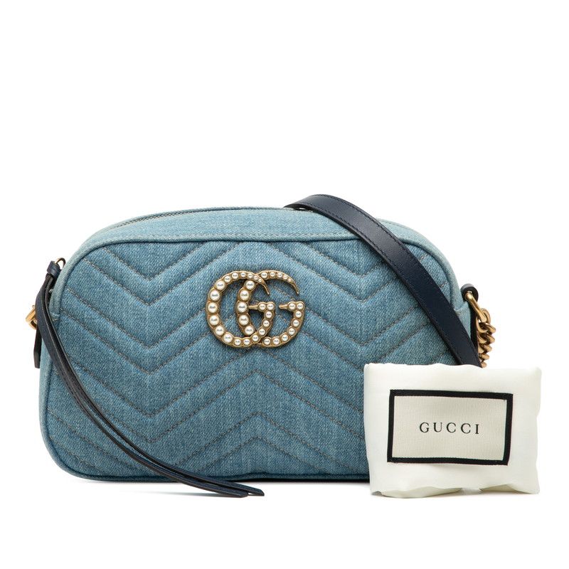 Gucci GG Marmont Crossbody Chain Shoulder Bag 447632 Blue Denim Leather Women's