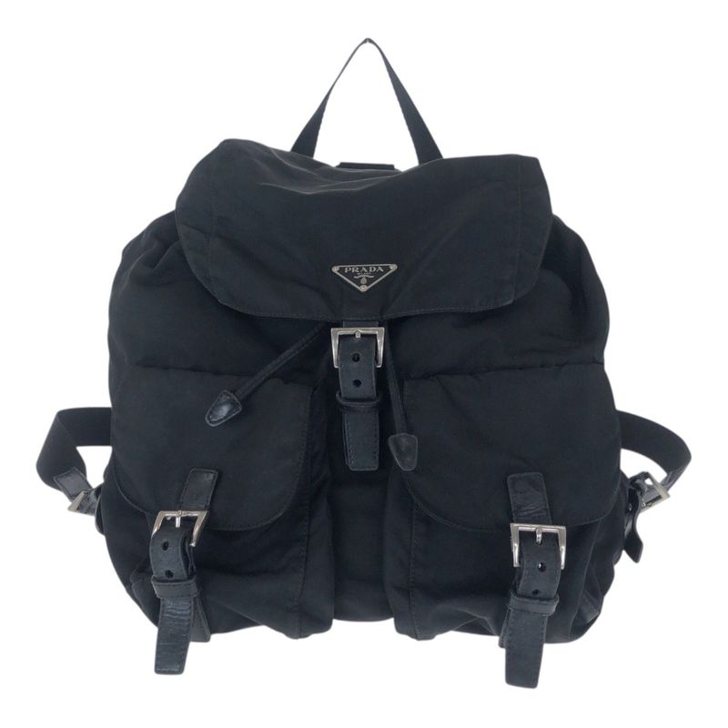 Prada Tessuto Triangle Logo Plate Black Silver Hardware Nylon Leather Backpack