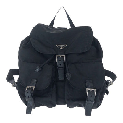 Prada Tessuto Triangle Logo Plate Black Silver Hardware Nylon Leather Backpack