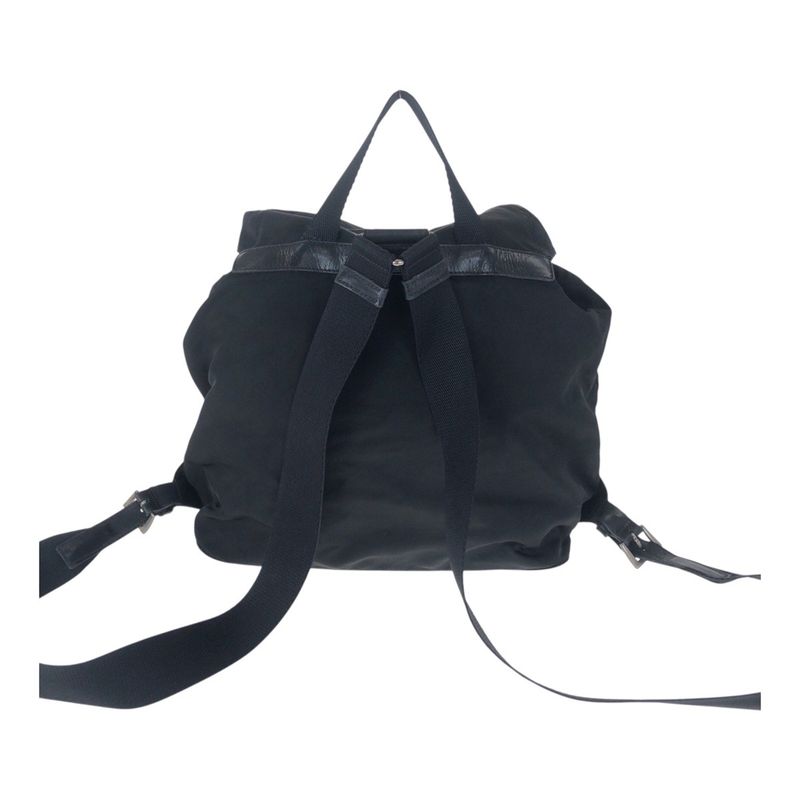 Prada Tessuto Triangle Logo Plate Black Silver Hardware Nylon Leather Backpack