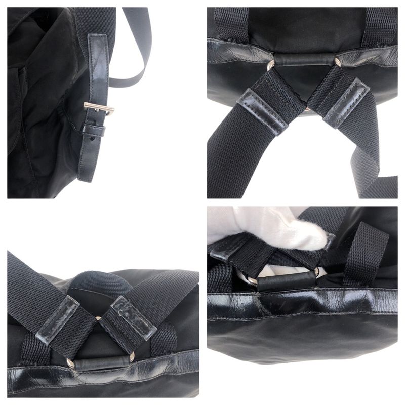Prada Tessuto Triangle Logo Plate Black Silver Hardware Nylon Leather Backpack